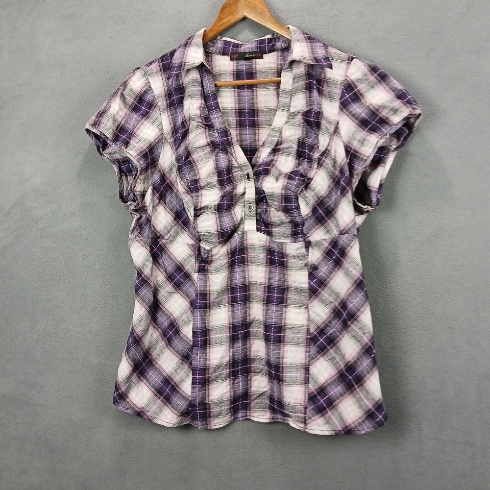 Heartsoul Blouse Top Womens 3X Multicolor Plaid Cotton Stretch V Neck Cap Sleeve